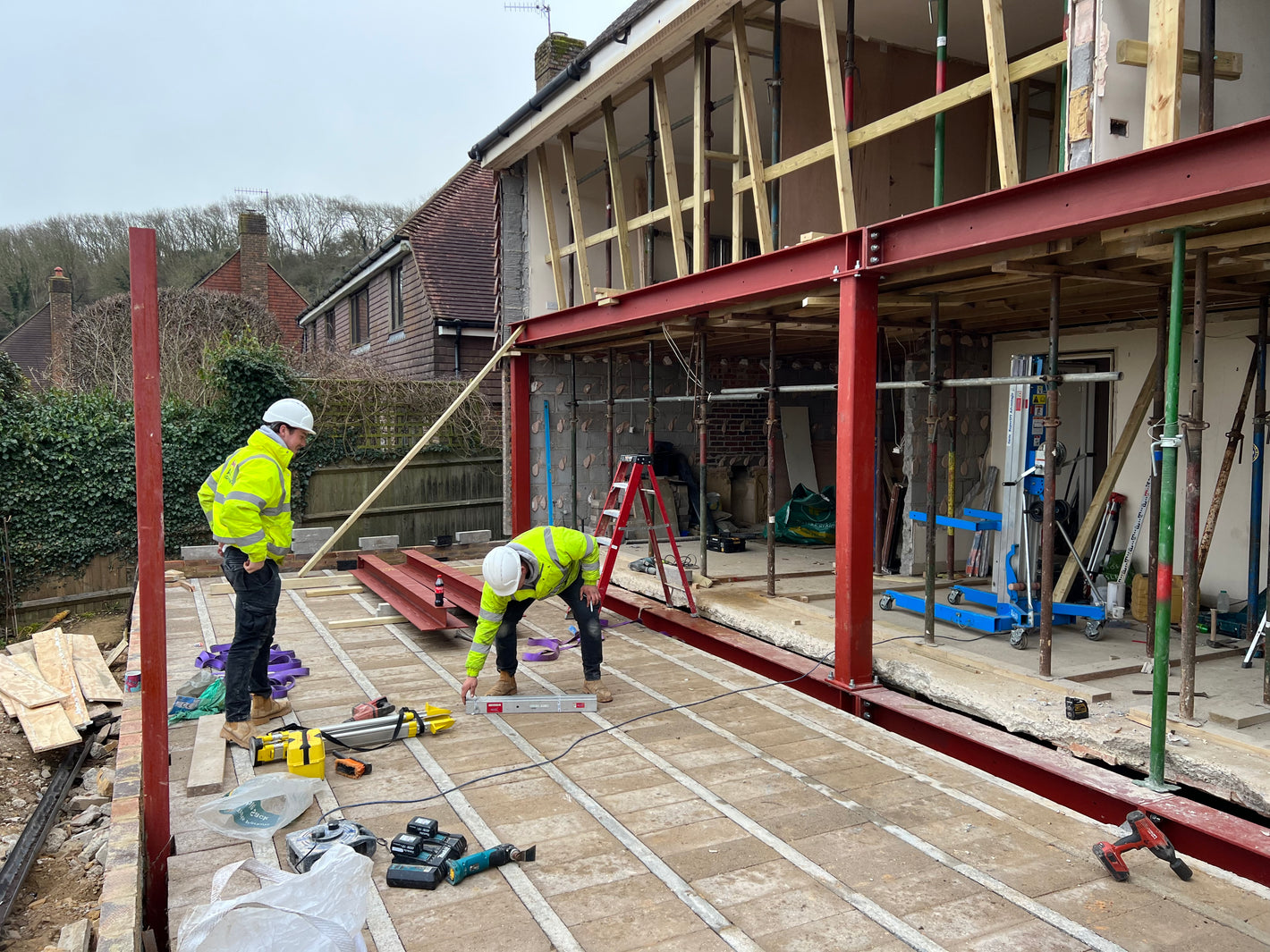 Structural steel installation during a high-end home renovation in Eastbourne, East Sussex